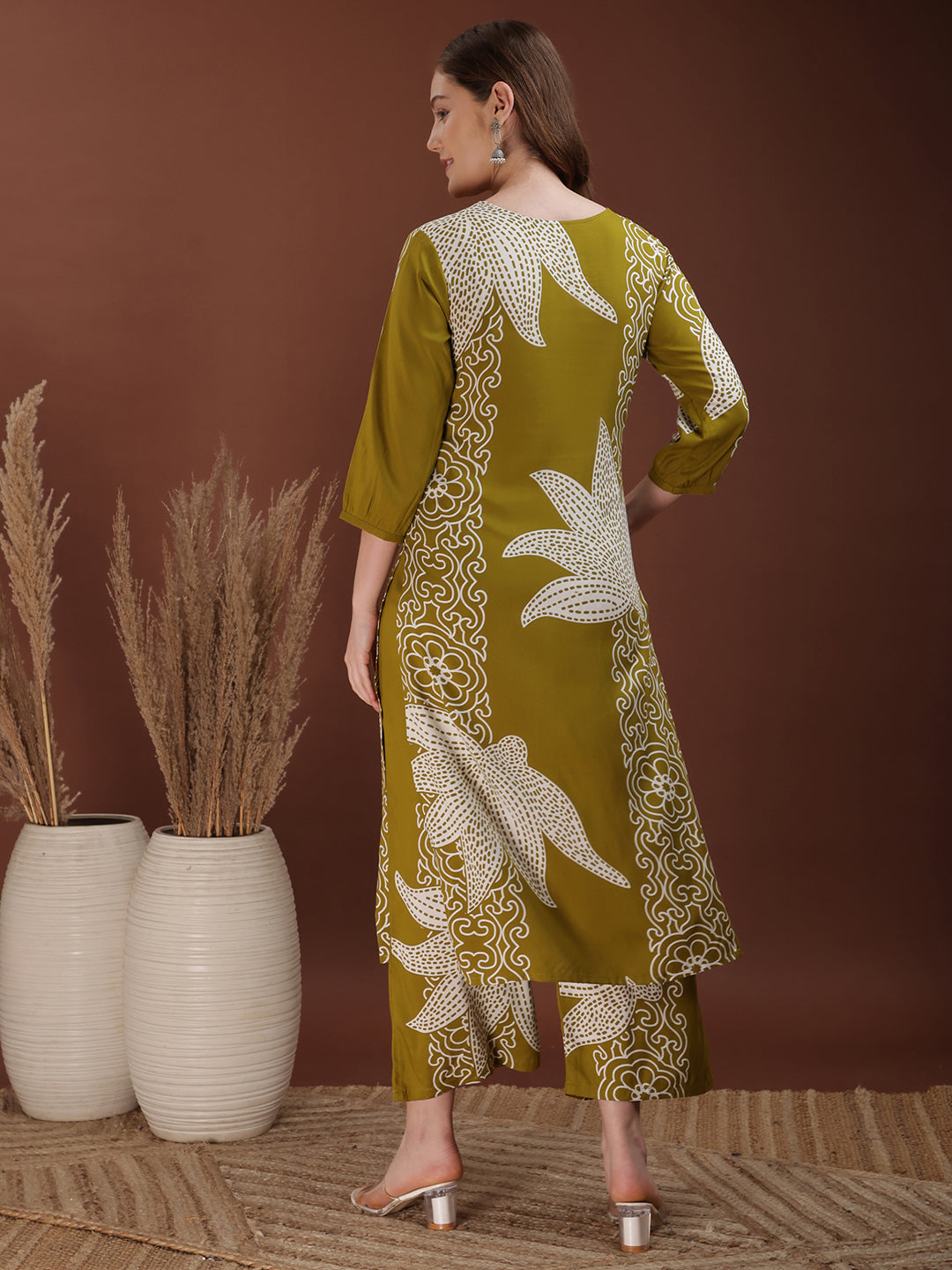 Hand Embroidered With Floral & Leaf Printed Kurta And Palazzo, Olive - Hiral Fashion | Grocsy