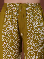 Hand Embroidered With Floral & Leaf Printed Kurta And Palazzo, Olive - Hiral Fashion | Grocsy