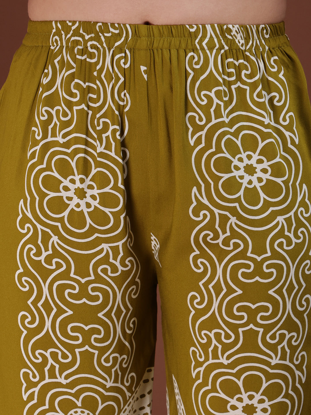 Hand Embroidered With Floral & Leaf Printed Kurta And Palazzo, Olive - Hiral Fashion | Grocsy
