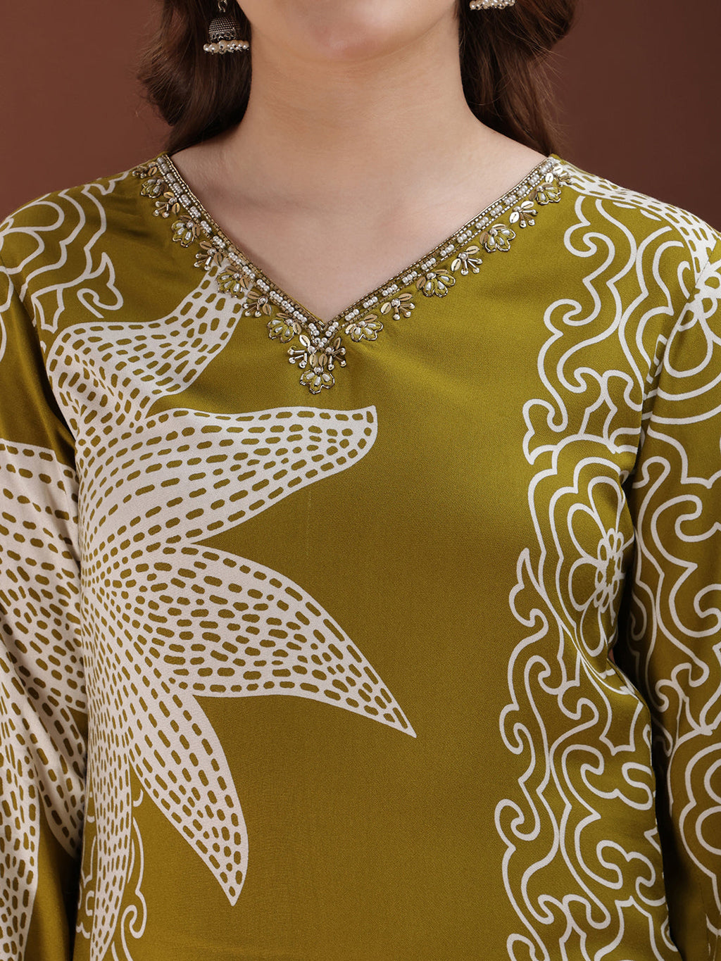 Hand Embroidered With Floral & Leaf Printed Kurta And Palazzo, Olive - Hiral Fashion | Grocsy