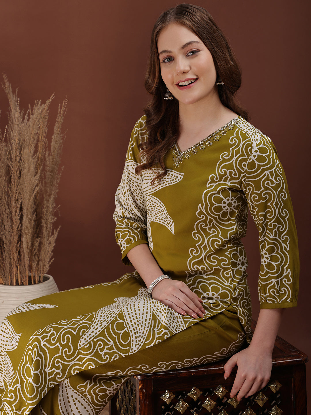Hand Embroidered With Floral & Leaf Printed Kurta And Palazzo, Olive - Hiral Fashion | Grocsy