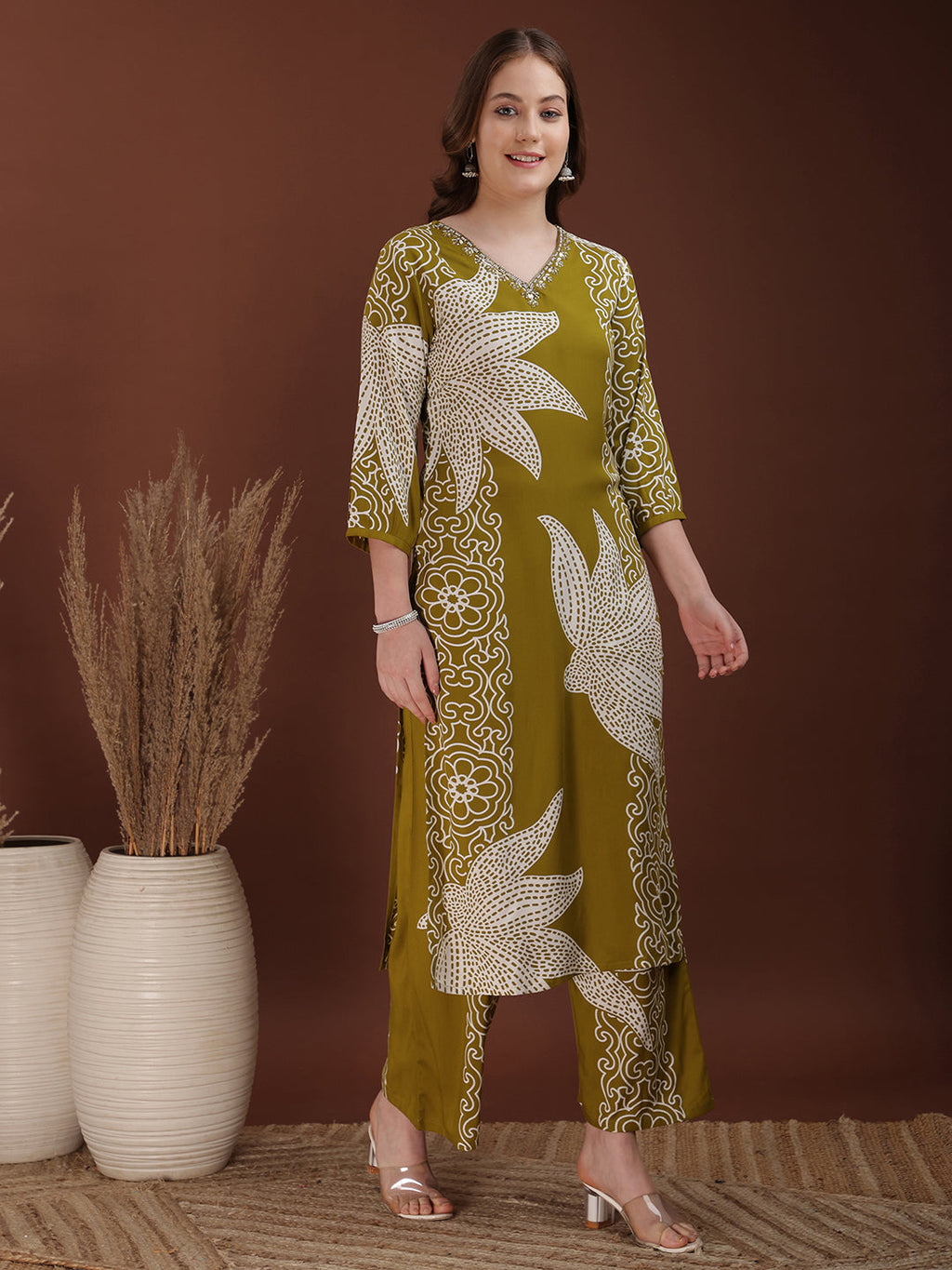 Hand Embroidered With Floral & Leaf Printed Kurta And Palazzo, Olive - Hiral Fashion | Grocsy