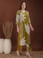 Hand Embroidered With Floral & Leaf Printed Kurta And Palazzo, Olive - Hiral Fashion | Grocsy