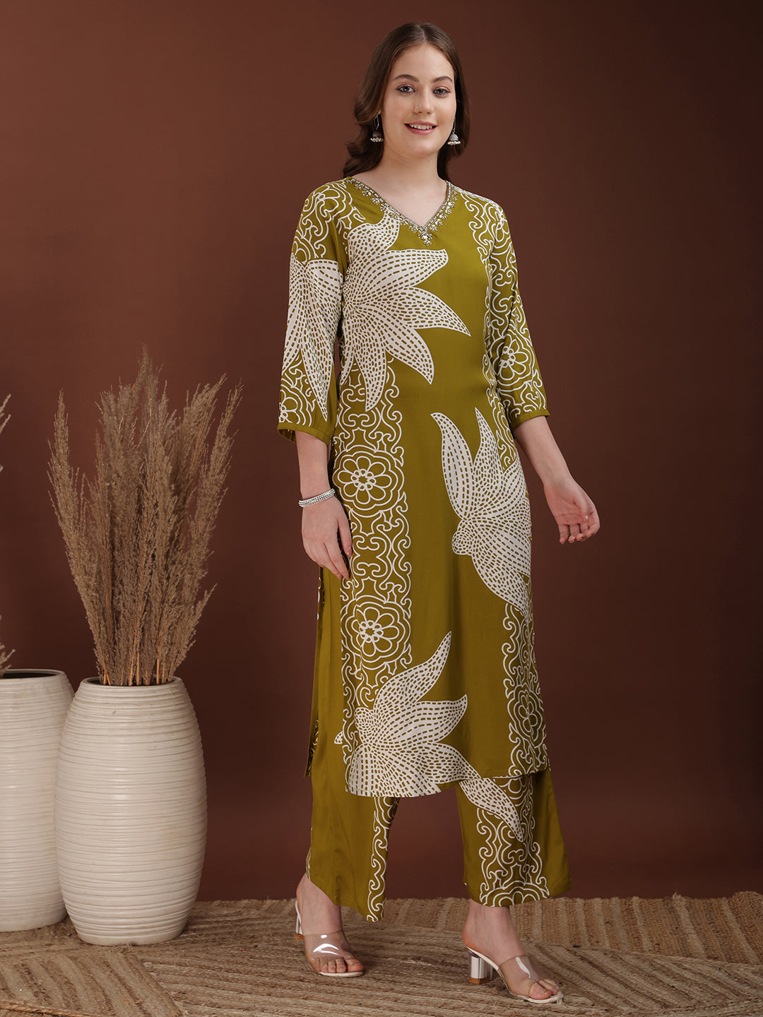 Hand Embroidered With Floral & Leaf Printed Kurta And Palazzo, Olive - Hiral Fashion | Grocsy