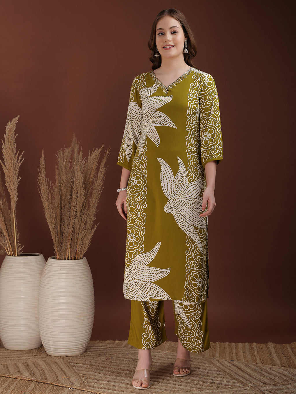 Hand Embroidered With Floral & Leaf Printed Kurta And Palazzo, Olive - Hiral Fashion | Grocsy