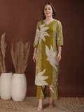 Hand Embroidered With Floral & Leaf Printed Kurta And Palazzo, Olive - Hiral Fashion | Grocsy