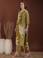 Hand Embroidered With Floral & Leaf Printed Kurta And Palazzo, Olive - Hiral Fashion | Grocsy