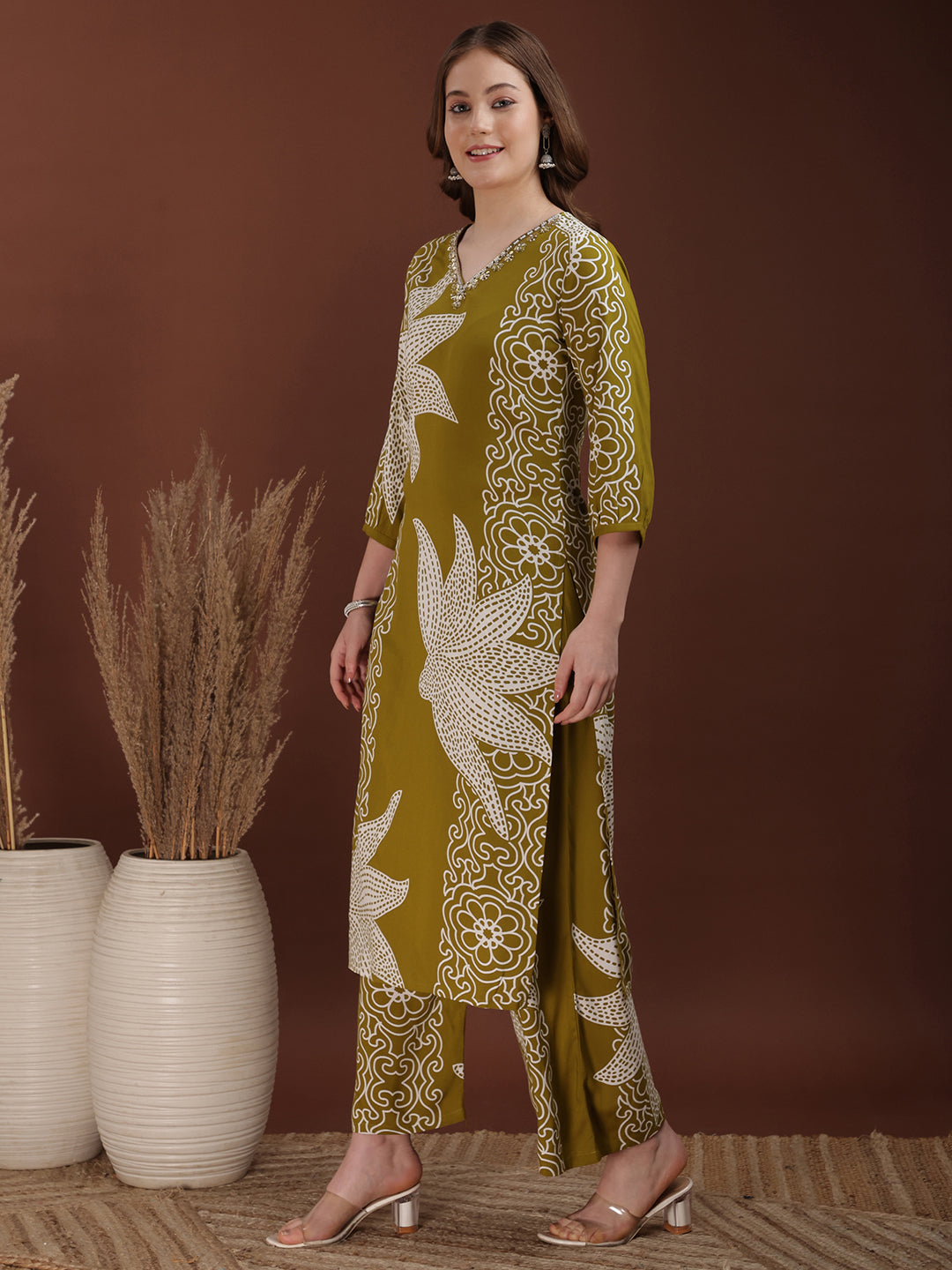 Hand Embroidered With Floral & Leaf Printed Kurta And Palazzo, Olive - Hiral Fashion | Grocsy