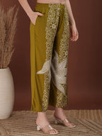 Hand Embroidered With Floral & Leaf Printed Kurta And Palazzo, Olive - Hiral Fashion | Grocsy