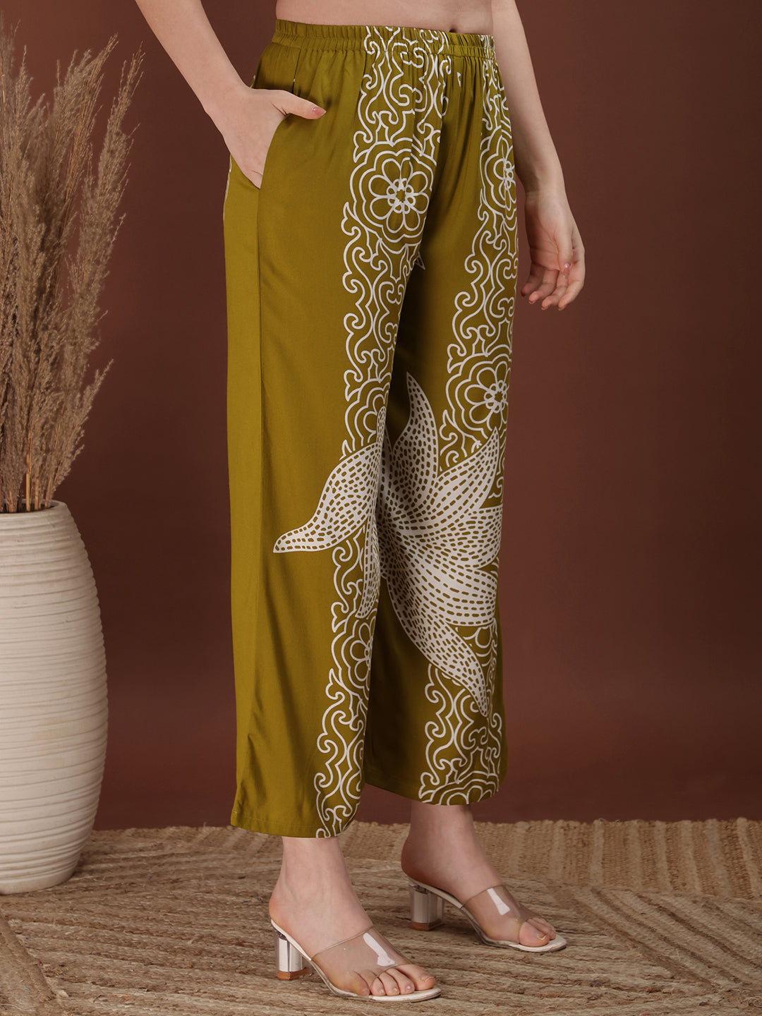Hand Embroidered With Floral & Leaf Printed Kurta And Palazzo, Olive - Hiral Fashion | Grocsy