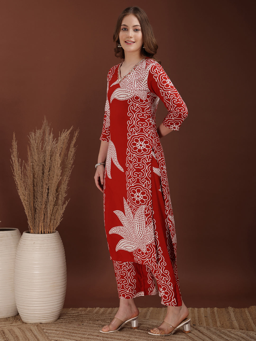 Hand Embroidered With Floral & Leaf Printed Kurta And Palazzo, Rust - Hiral Fashion | Grocsy