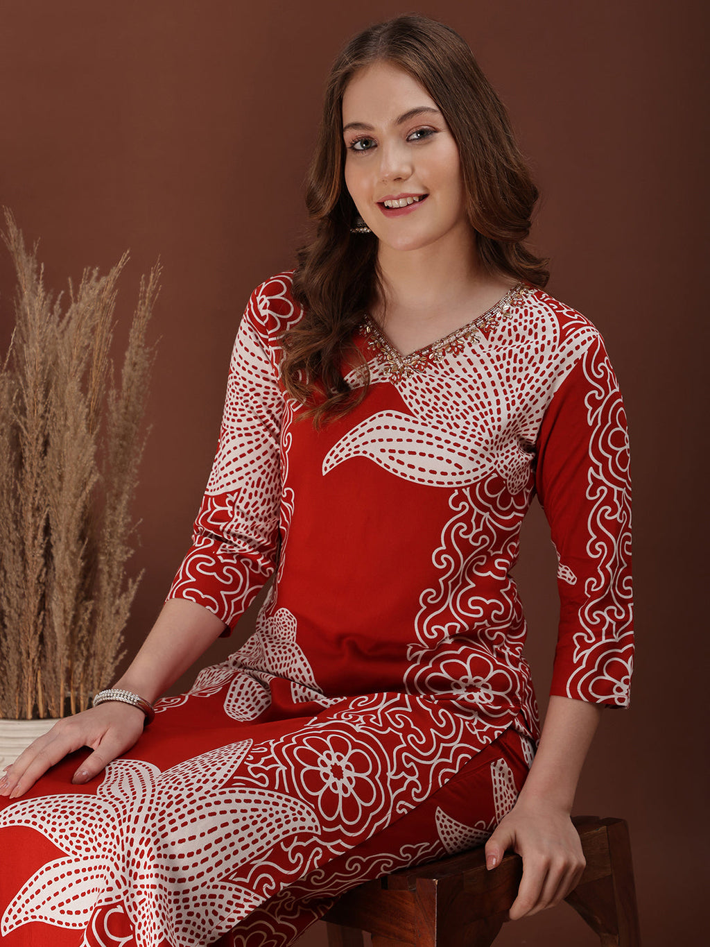 Hand Embroidered With Floral & Leaf Printed Kurta And Palazzo, Rust - Hiral Fashion | Grocsy