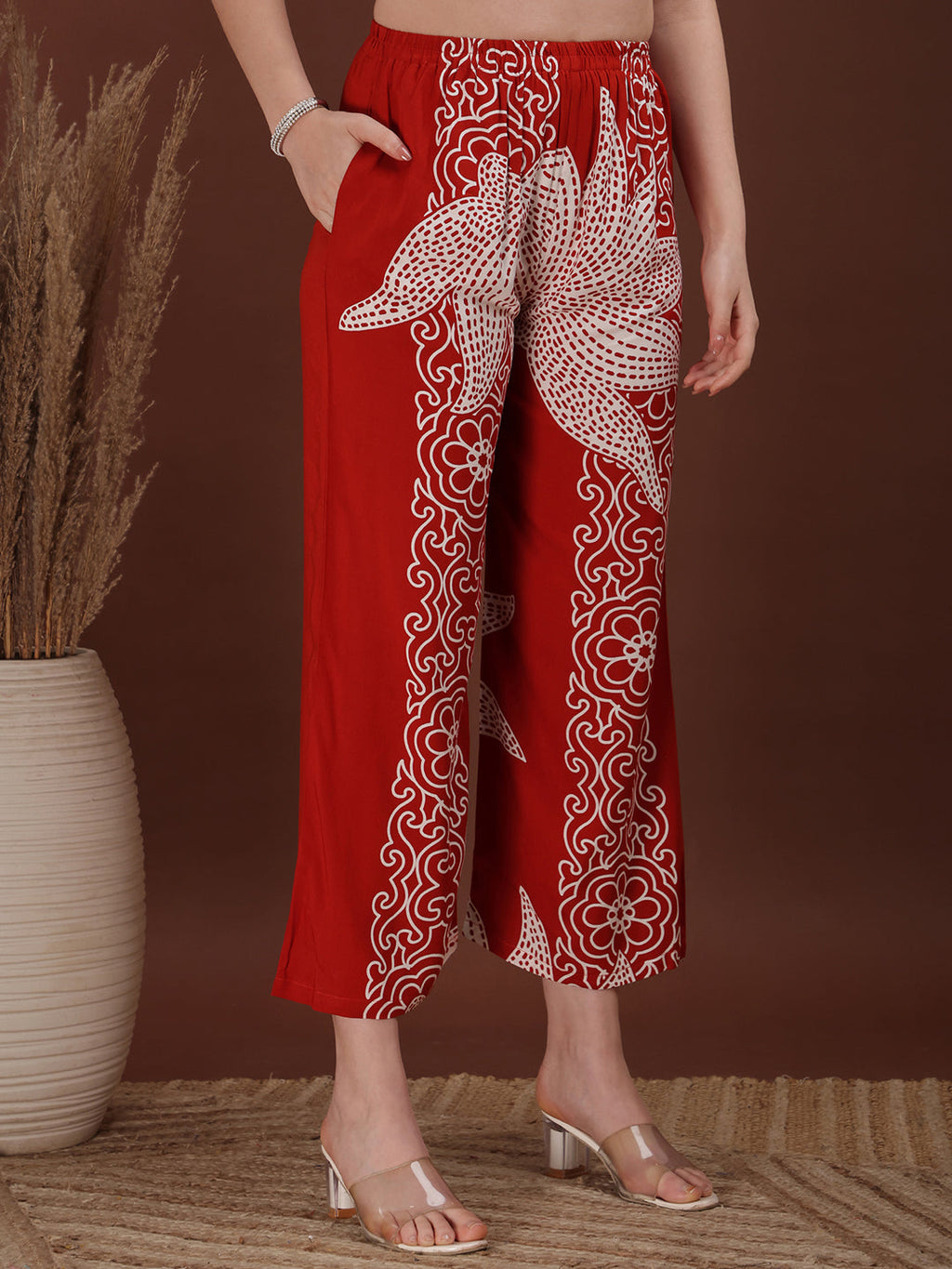 Hand Embroidered With Floral & Leaf Printed Kurta And Palazzo, Rust - Hiral Fashion | Grocsy