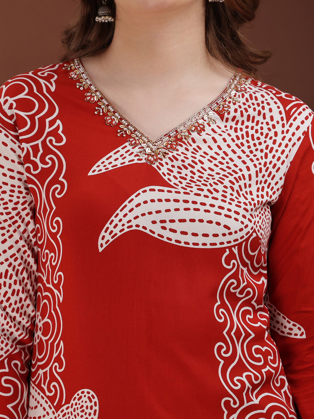 Hand Embroidered With Floral & Leaf Printed Kurta And Palazzo, Rust - Hiral Fashion | Grocsy