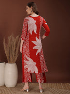 Hand Embroidered With Floral & Leaf Printed Kurta And Palazzo, Rust - Hiral Fashion | Grocsy
