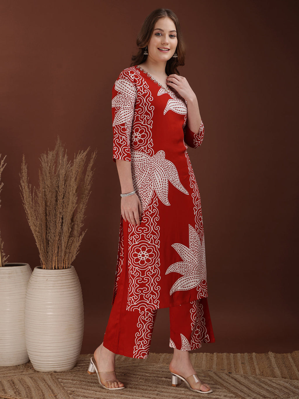 Hand Embroidered With Floral & Leaf Printed Kurta And Palazzo, Rust - Hiral Fashion | Grocsy