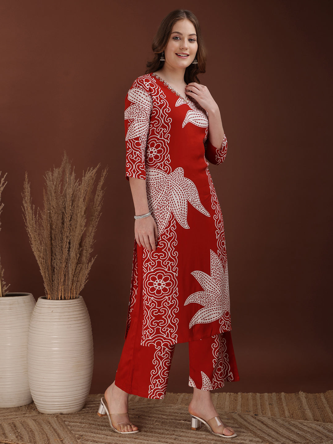Hand Embroidered With Floral & Leaf Printed Kurta And Palazzo, Rust - Hiral Fashion | Grocsy