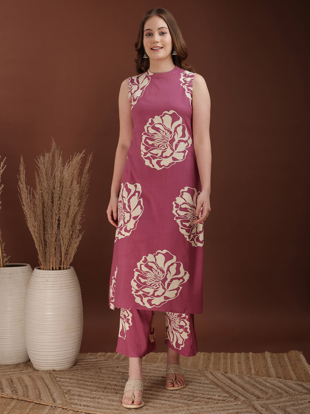Floral Printed Highneck Co-Ords, Pink - Hiral Fashion | Grocsy