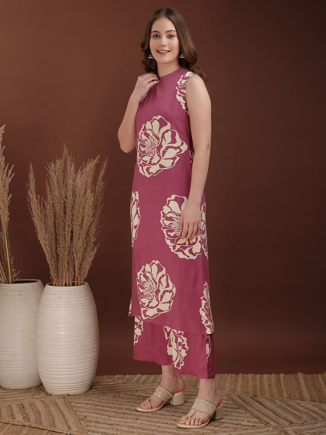 Floral Printed Highneck Co-Ords, Pink - Hiral Fashion | Grocsy
