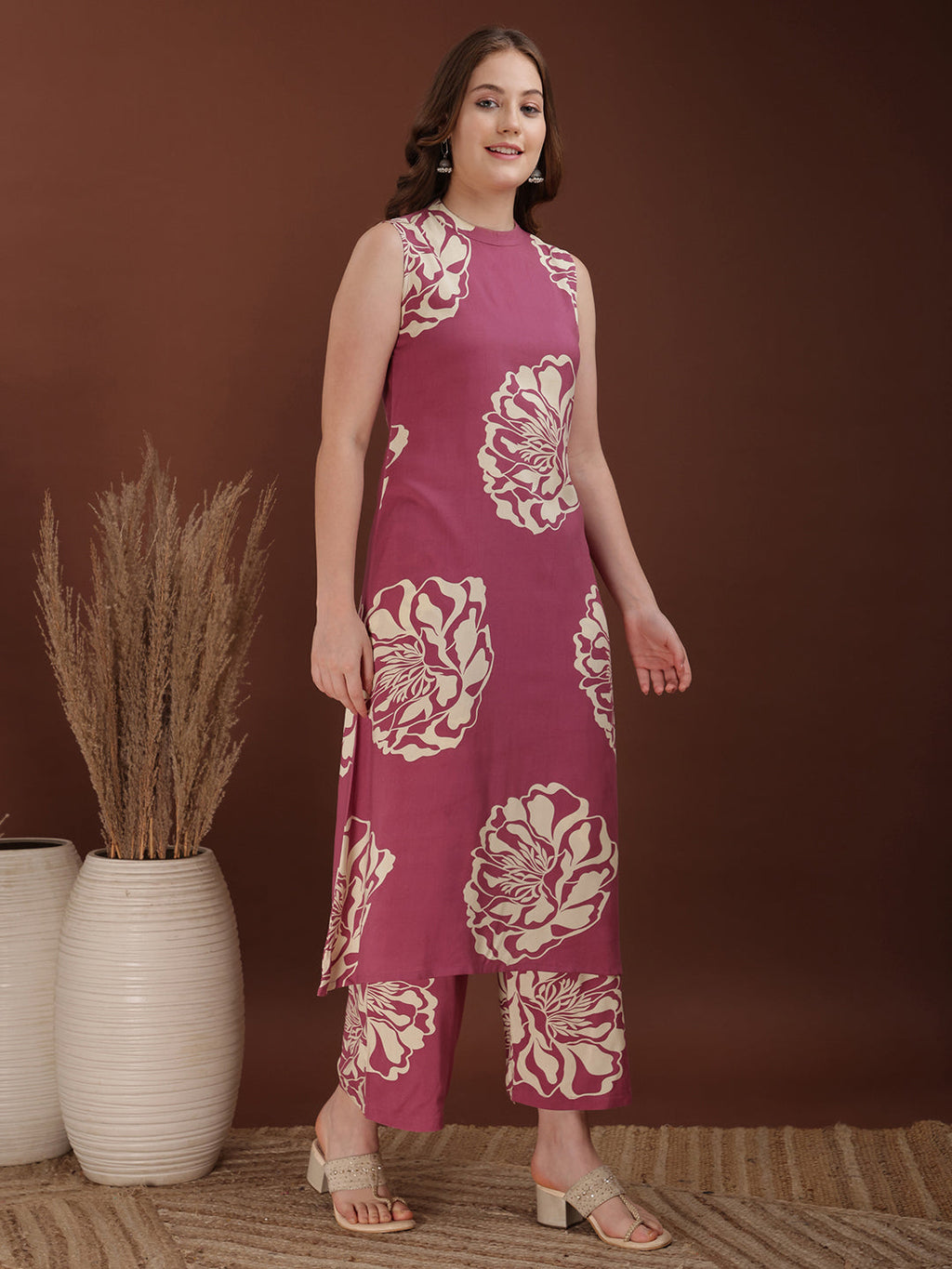 Floral Printed Highneck Co-Ords, Pink - Hiral Fashion | Grocsy