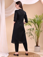 Placement Floral Front Buttoned Kurta With Pant, Black - Hiral Fashion | Grocsy