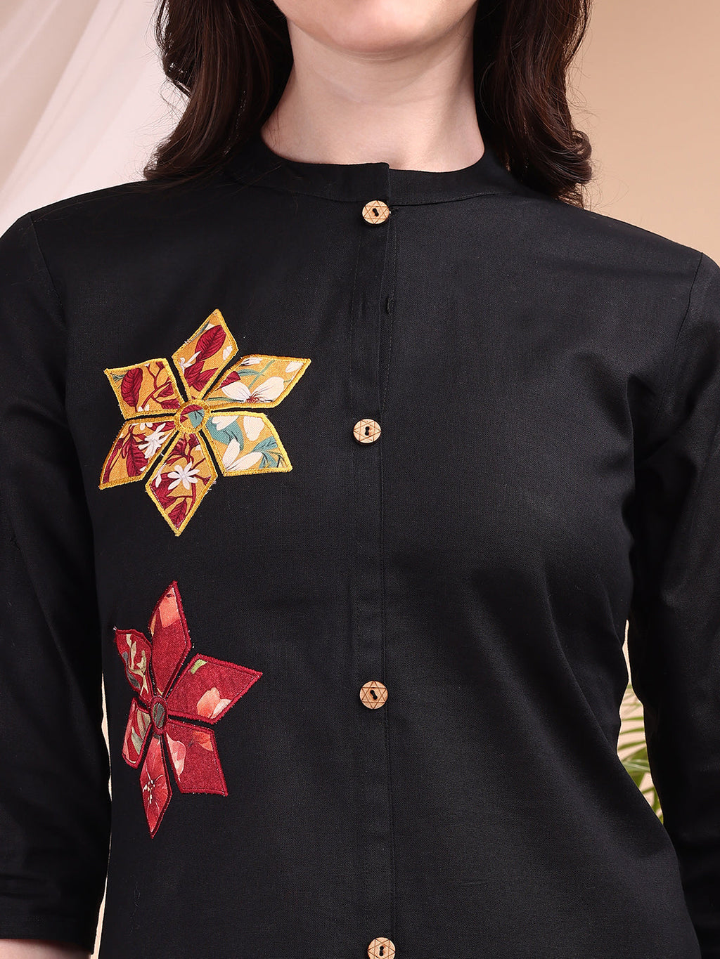 Placement Floral Front Buttoned Kurta With Pant, Black - Hiral Fashion | Grocsy