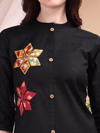 Placement Floral Front Buttoned Kurta With Pant, Black - Hiral Fashion | Grocsy