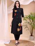 Placement Floral Front Buttoned Kurta With Pant, Black - Hiral Fashion | Grocsy