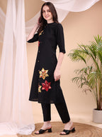 Placement Floral Front Buttoned Kurta With Pant, Black - Hiral Fashion | Grocsy