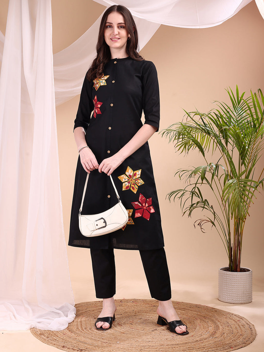 Placement Floral Front Buttoned Kurta With Pant, Black - Hiral Fashion | Grocsy