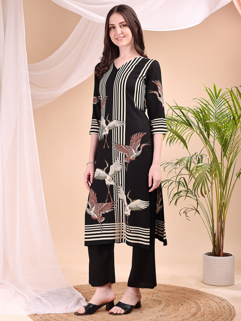 Striped Printed Kurta With Pant, Black - Hiral Fashion | Grocsy
