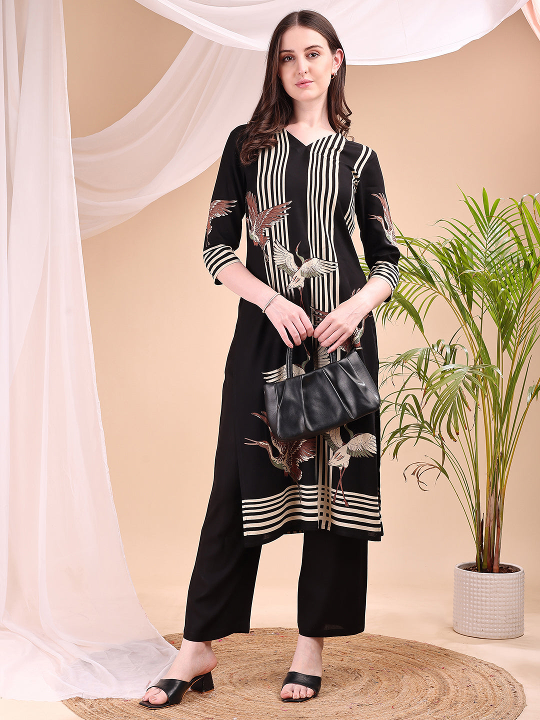 Striped Printed Kurta With Pant, Black - Hiral Fashion | Grocsy