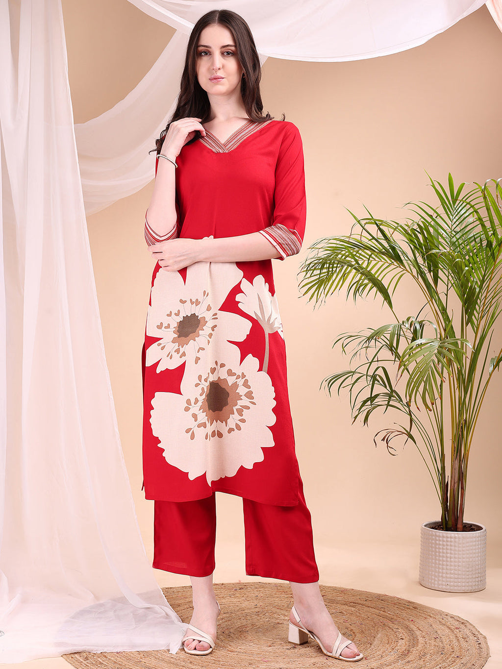Floral Printed Kurta With Pant, Red - Hiral Fashion | Grocsy