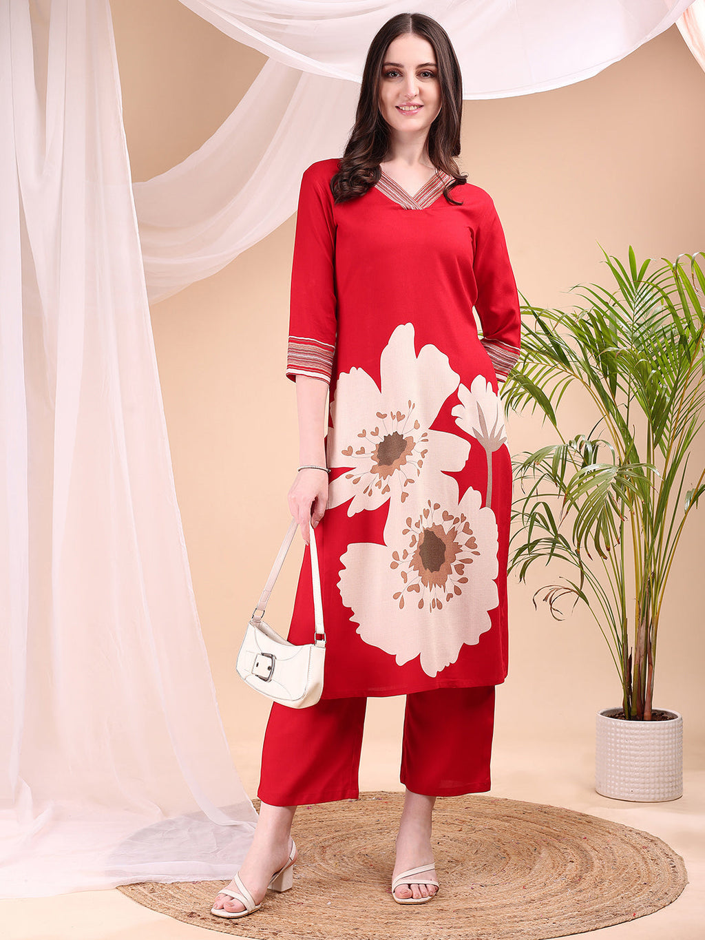 Floral Printed Kurta With Pant, Red - Hiral Fashion | Grocsy
