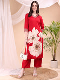Floral Printed Kurta With Pant, Red - Hiral Fashion | Grocsy