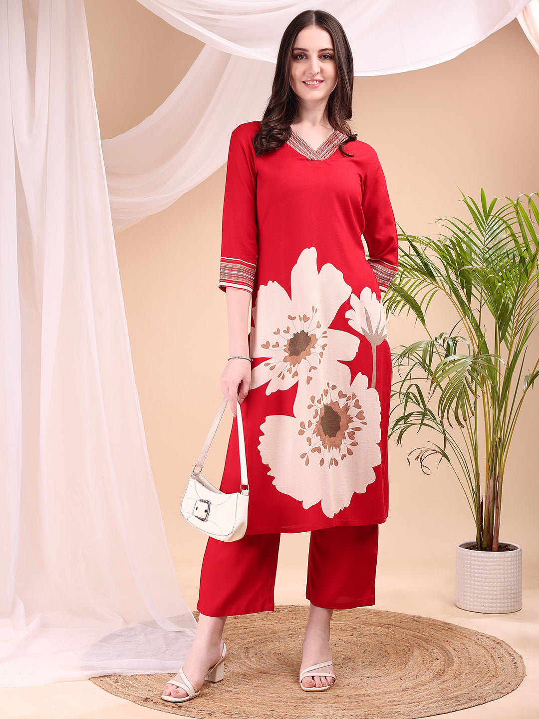 Floral Printed Kurta With Pant, Red - Hiral Fashion | Grocsy