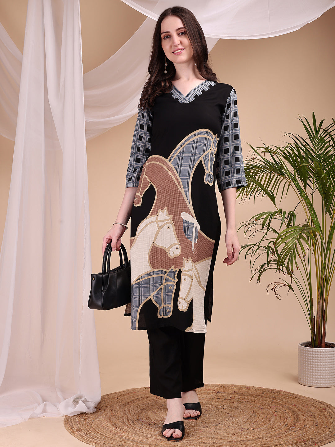 Printed Kurta With Pant, Black - Hiral Fashion | Grocsy