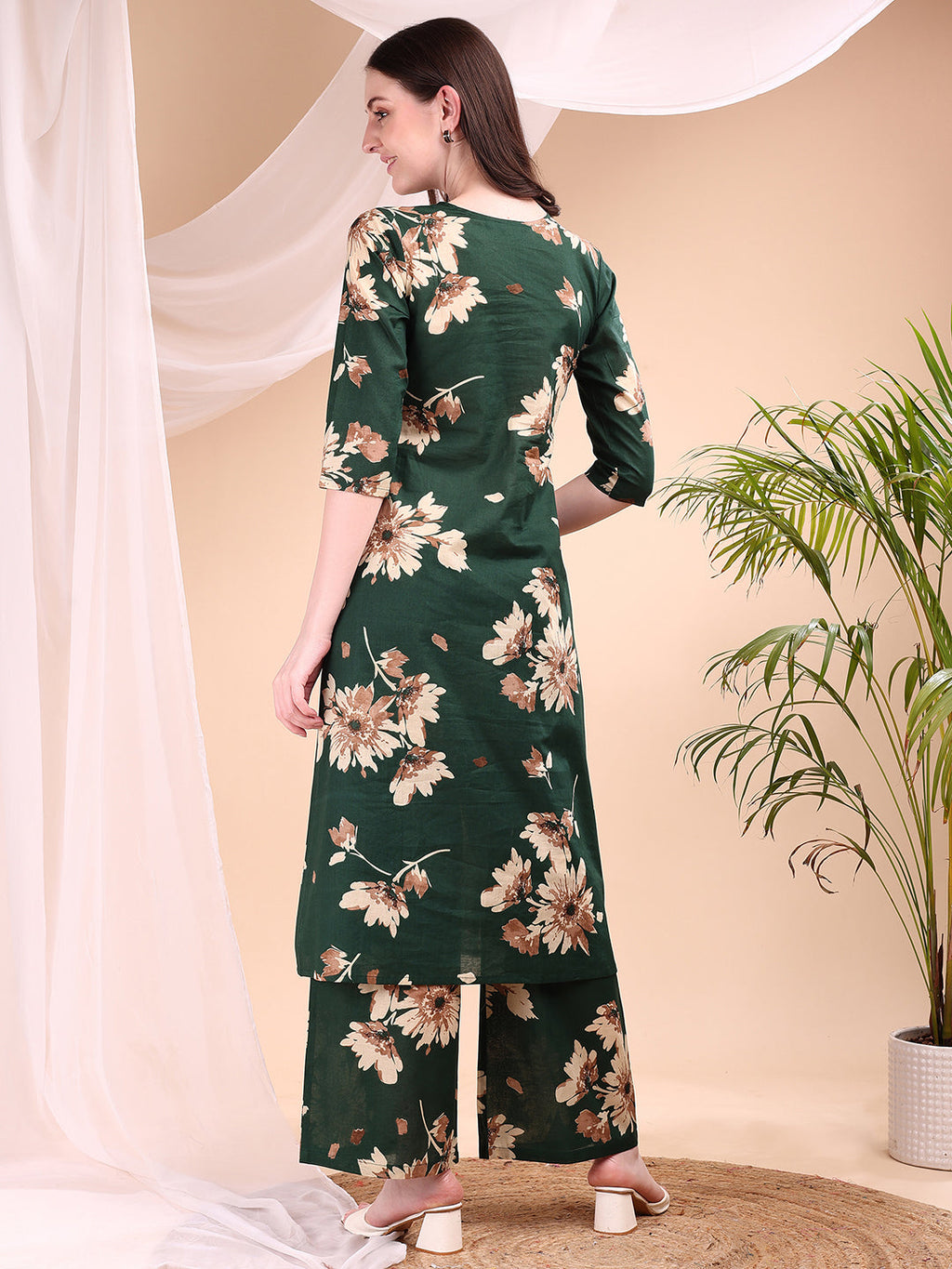 Embroidered & Printed Kurta With Palazzo, Green - Hiral Fashion | Grocsy