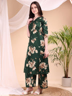 Embroidered & Printed Kurta With Palazzo, Green - Hiral Fashion | Grocsy