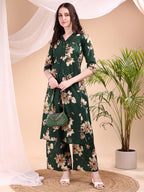 Embroidered & Printed Kurta With Palazzo, Green - Hiral Fashion | Grocsy
