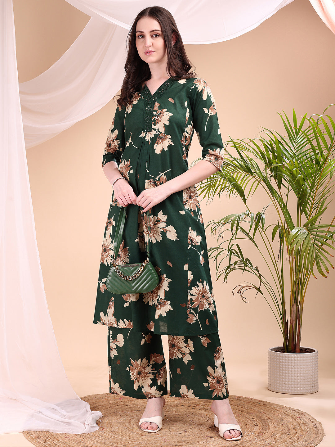Embroidered & Printed Kurta With Palazzo, Green - Hiral Fashion | Grocsy