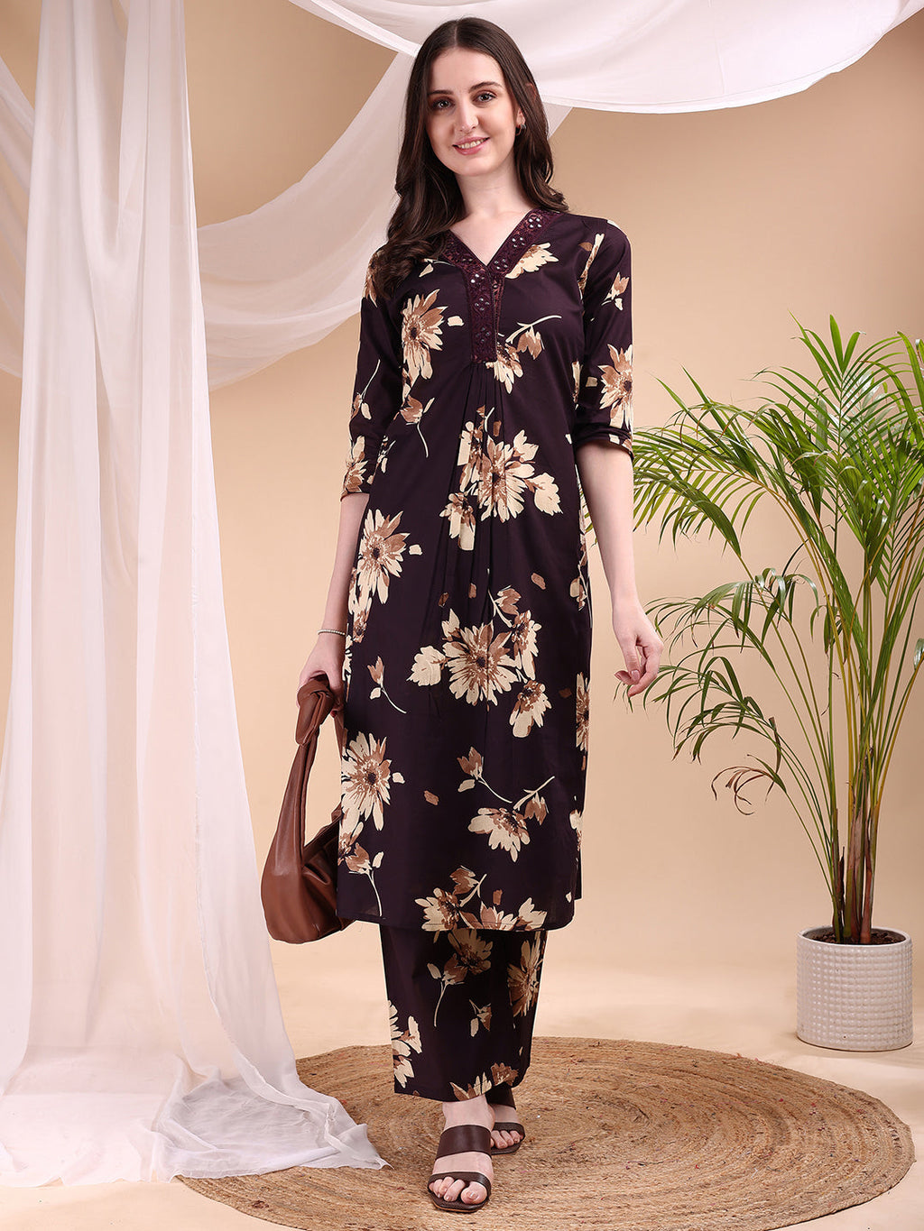 Embroidered & Printed Kurta With Palazzo, Wine - Hiral Fashion | Grocsy