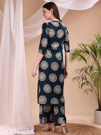 Two-Piece Ethnic Motifs Printed Kurta With Palazzo, Teal - Hiral Fashion | Grocsy
