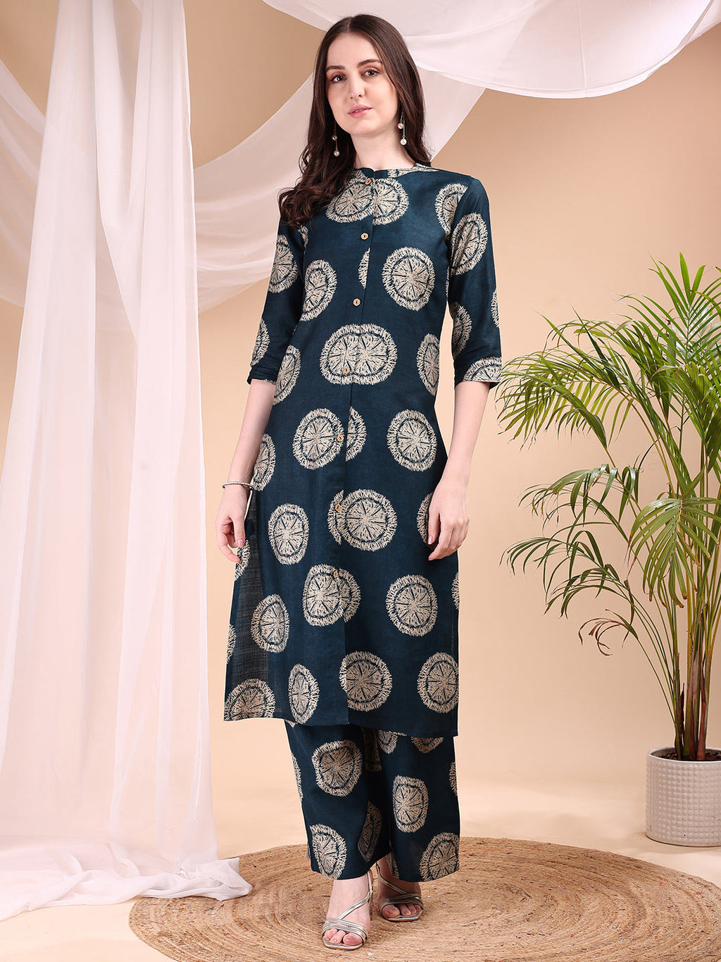 Two-Piece Ethnic Motifs Printed Kurta With Palazzo, Teal - Hiral Fashion | Grocsy