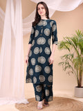 Two-Piece Ethnic Motifs Printed Kurta With Palazzo, Teal - Hiral Fashion | Grocsy