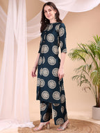 Two-Piece Ethnic Motifs Printed Kurta With Palazzo, Teal - Hiral Fashion | Grocsy