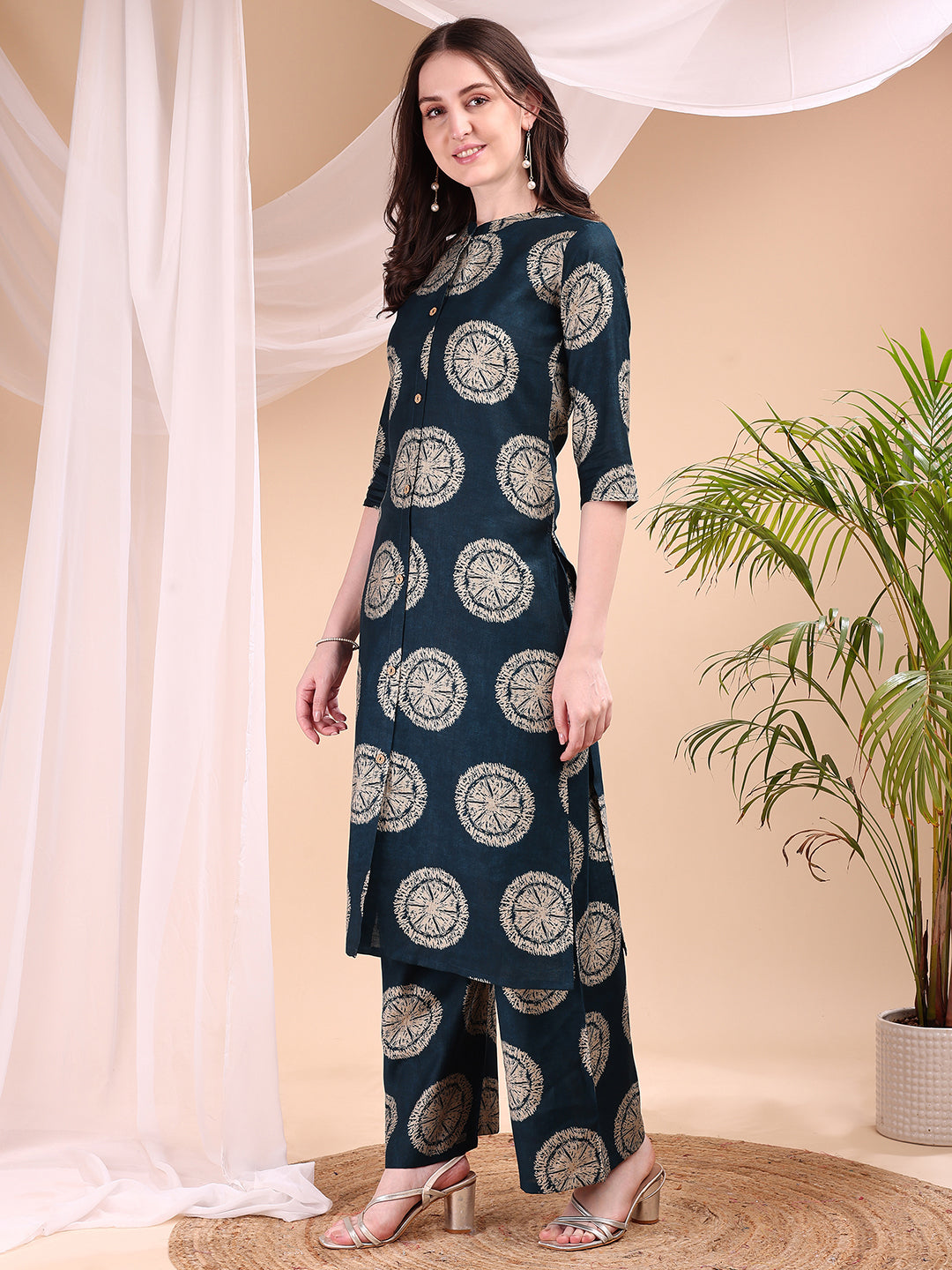 Two-Piece Ethnic Motifs Printed Kurta With Palazzo, Teal - Hiral Fashion | Grocsy