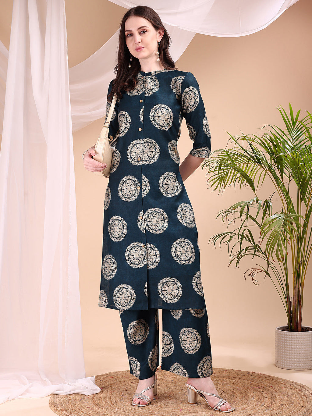Two-Piece Ethnic Motifs Printed Kurta With Palazzo, Teal - Hiral Fashion | Grocsy
