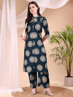 Two-Piece Ethnic Motifs Printed Kurta With Palazzo, Teal - Hiral Fashion | Grocsy