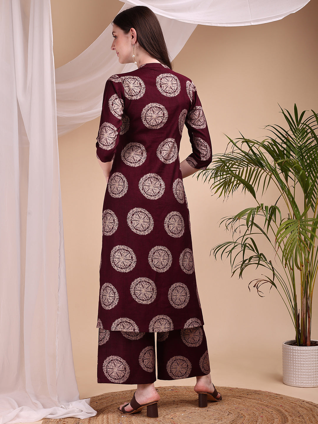 Two-Piece Ethnic Motifs Printed Kurta With Palazzo, Wine - Hiral Fashion | Grocsy
